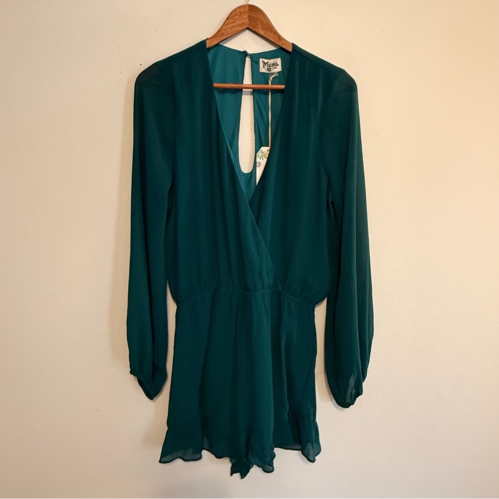 New SHOW ME YOUR MUMU Romper L Green Key Hole Back Long Sleeve